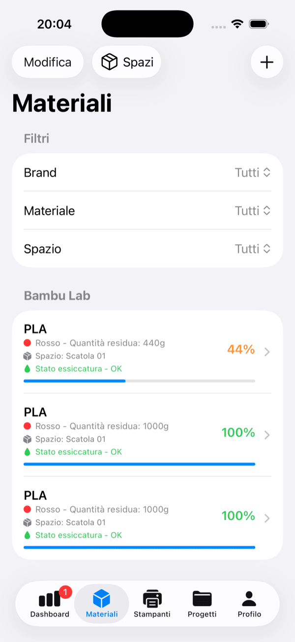 Elenco delle bobine di filamento in Materioteca con brand, colore, quantità residua e stato di essiccatura